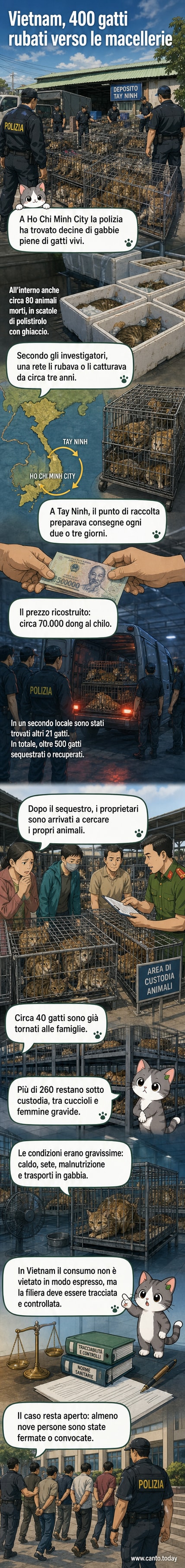 Illustrazione di gabbie con gatti in un deposito, agenti della polizia vietnamita che intervengono, e un cartello con il prezzo al chilo. Sfondo urbano di Ho Chi Minh City.