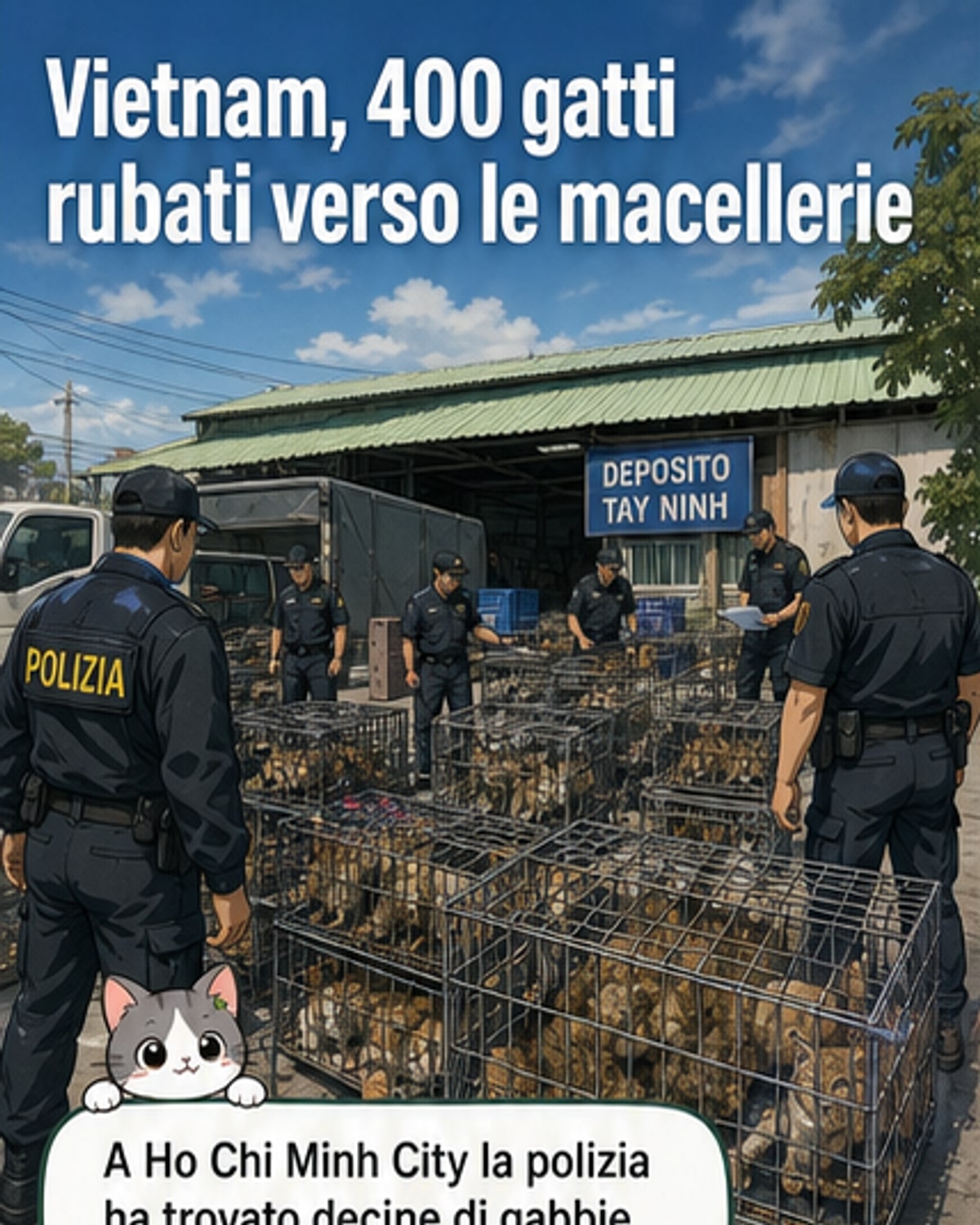 Illustrazione di gabbie con gatti in un deposito, agenti della polizia vietnamita che intervengono, e un cartello con il prezzo al chilo. Sfondo urbano di Ho Chi Minh City.