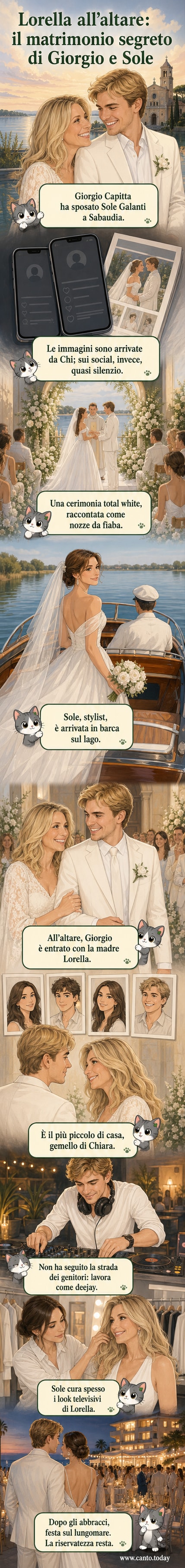 Illustrazione di una cerimonia nuziale romantica a Sabaudia: la sposa arriva in barca sul lago, gli invitati sono vestiti di bianco, Lorella Cuccarini accompagna il figlio all'altare.