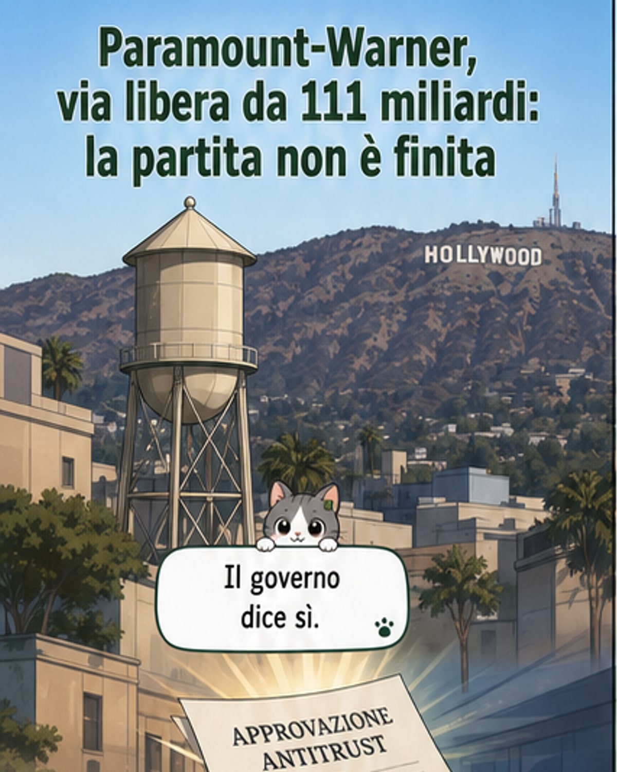 Illustrazione stilizzata di due grattacieli con i loghi di Paramount e Warner Bros. che si fondono, con il simbolo della bilancia della giustizia in primo piano.