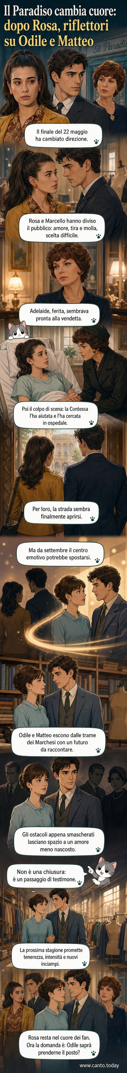 Due giovani abbracciati in un negozio d’epoca anni Sessanta, con alle spalle una vetrina vintage e luci calde: Odile e Matteo nel Paradiso delle Signore.