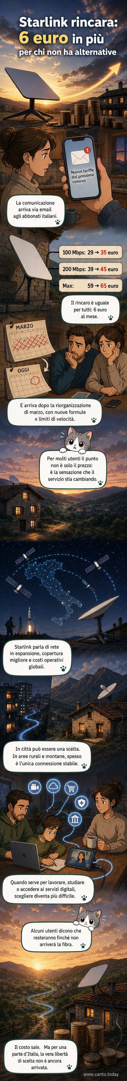 Illustrazione di un satellite Starlink che trasmette dati verso una casa in montagna, con un simbolo di aumento di prezzo sovrapposto.
