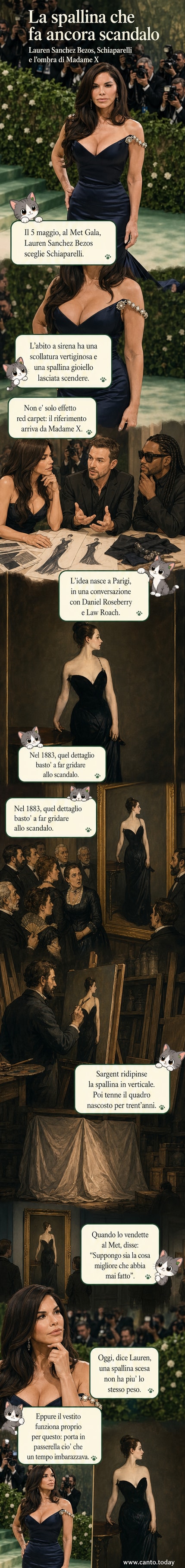 Lauren Sánchez al Met Gala 2026 con un abito nero aderente Schiaparelli, una spallina cadente e dettagli gioiello, ispirato al ritratto 'Madame X' di John Singer Sargent