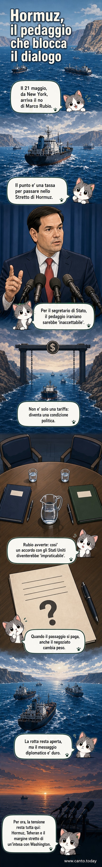 Illustrazione dello Stretto di Hormuz con navi in transito e simboli di tensione geopolitica, mentre il segretario di Stato Rubio parla con fermezza.