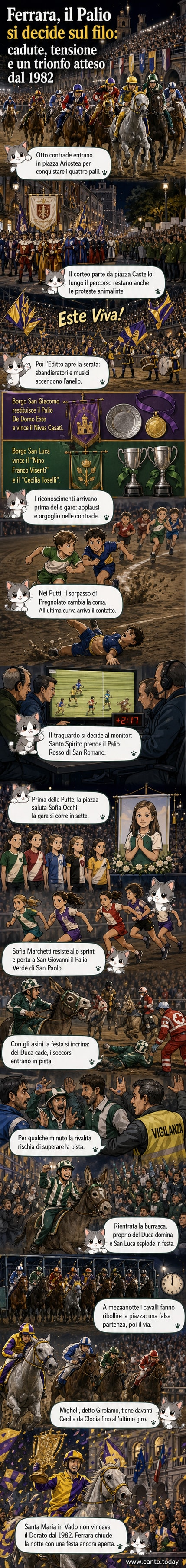 Piazza Ariostea a Ferrara gremita per il Palio 2026, con i cavalli in corsa e la contrada di Santa Maria in Vado che taglia il traguardo tra gli applausi.