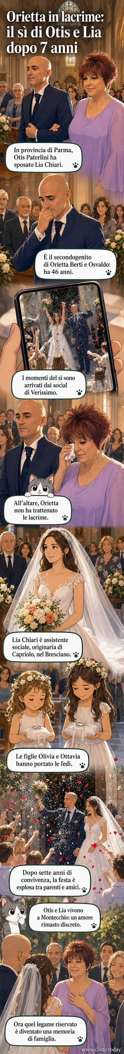Orietta Berti in abito lilla che accompagna il figlio Otis all'altare, mentre la sposa Lia Chiari attende con un velo lungo e un abito bianco con pizzo.
