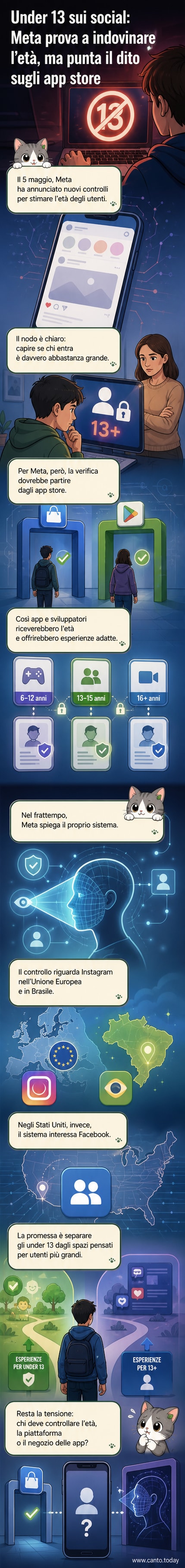 Illustrazione di un profilo social con un badge di verifica età, mentre un algoritmo analizza comportamenti per identificare un utente minorenne.