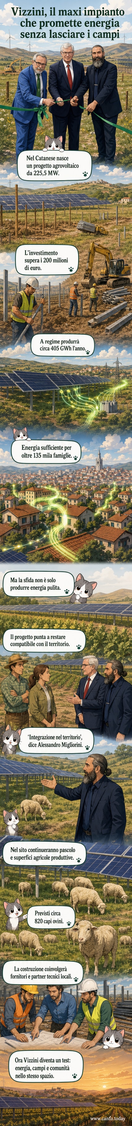 Un campo di pannelli solari in Sicilia con pecore che pascolano tra le file, sotto un cielo sereno. In primo piano, un cartello con il logo di European Energy e la località Vizzini.