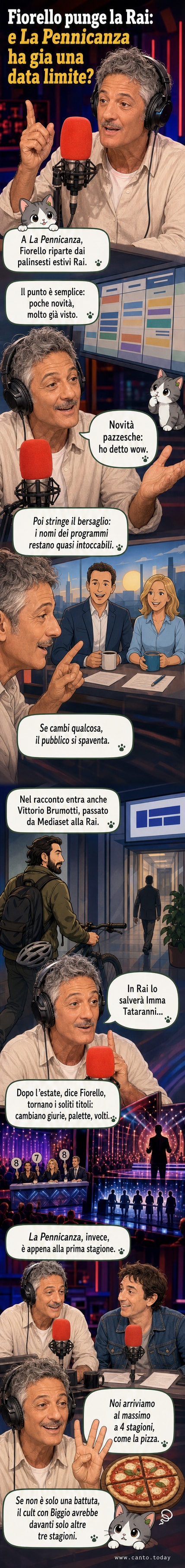Illustrazione di Fiorello che sorride in studio radiofonico con un cartello 'La Pennicanza' e una pizza con quattro fette come metafora delle stagioni.