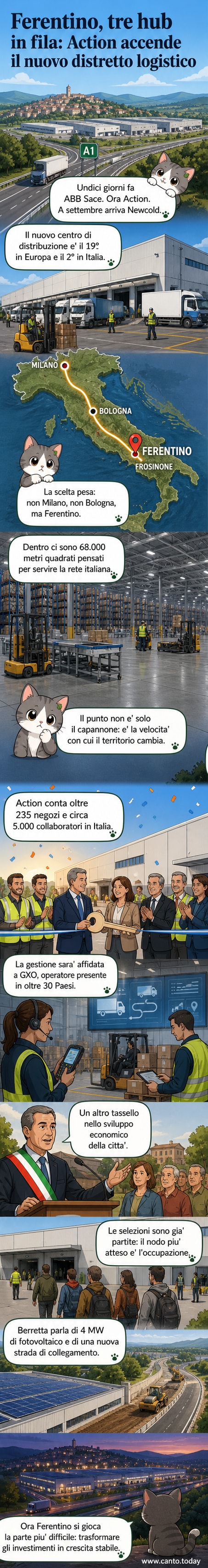 Panorama del nuovo polo logistico Action a Ferentino, con grandi capannoni moderni e pannelli fotovoltaici visibili sul tetto, circondati da strade appena asfaltate e cartelli stradali indicanti l'area industriale.