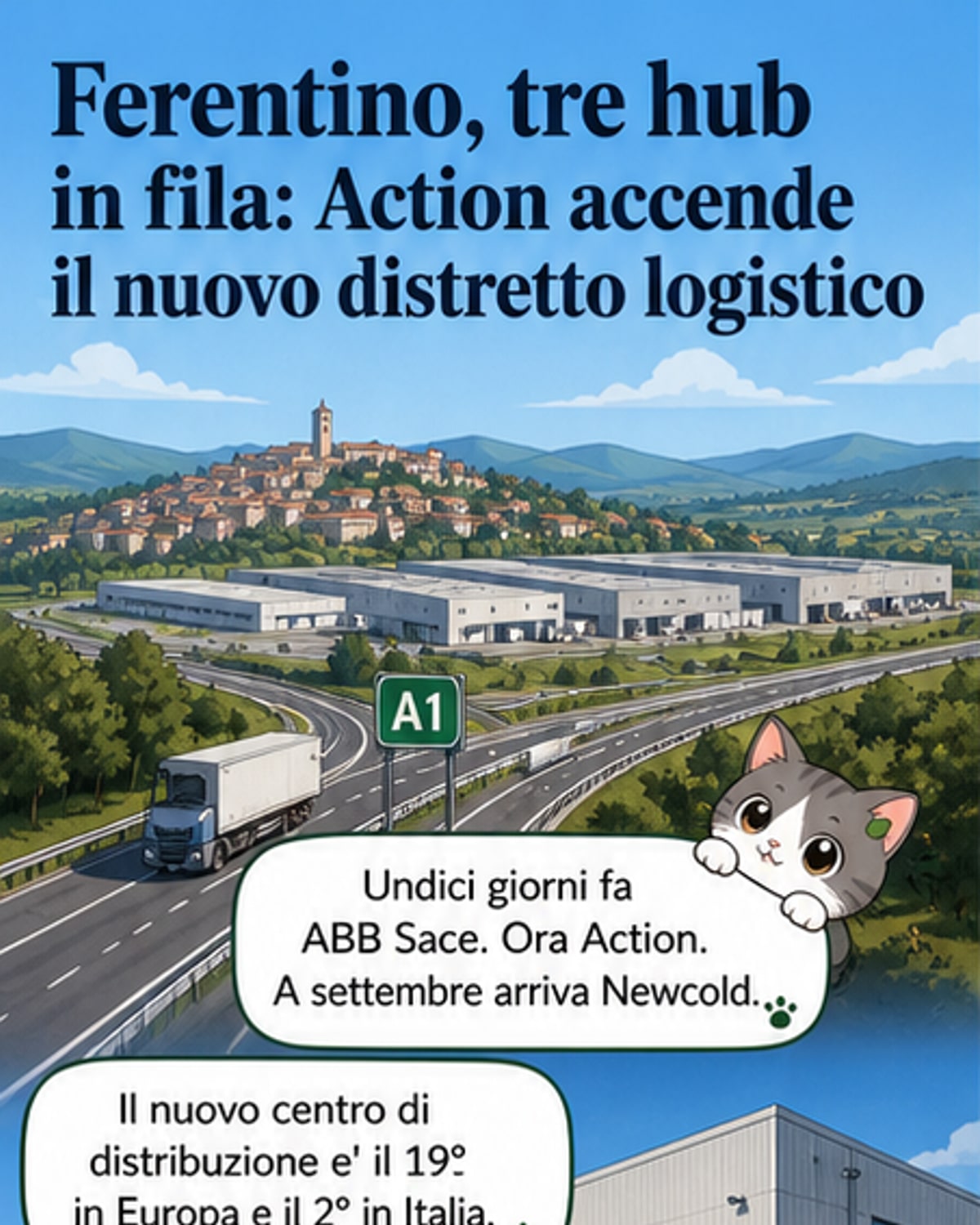 Panorama del nuovo polo logistico Action a Ferentino, con grandi capannoni moderni e pannelli fotovoltaici visibili sul tetto, circondati da strade appena asfaltate e cartelli stradali indicanti l'area industriale.