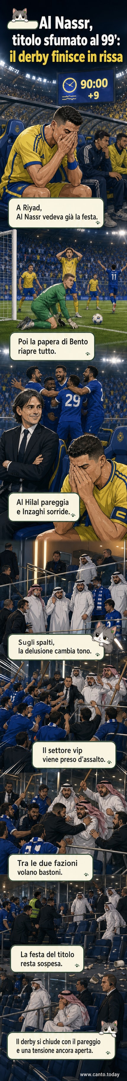 Scene di caos dopo Al Nassr-Al Hilal: tifosi in rissa sugli spalti, mentre Ronaldo è visibilmente arrabbiato in panchina.