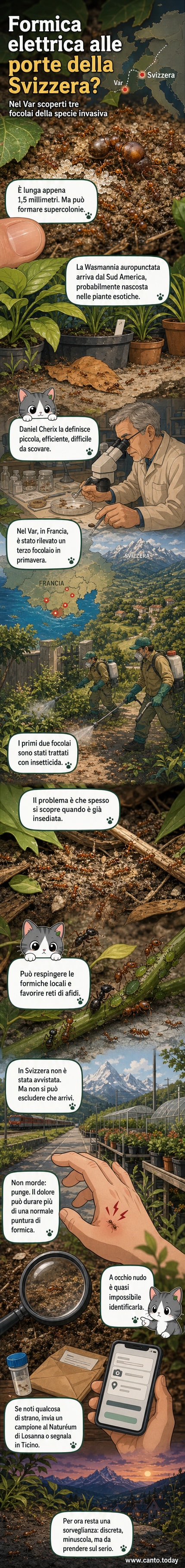 Illustrazione di una piccola formica elettrica su una foglia, con dettaglio del pungiglione e confronto dimensionale con una formica comune.