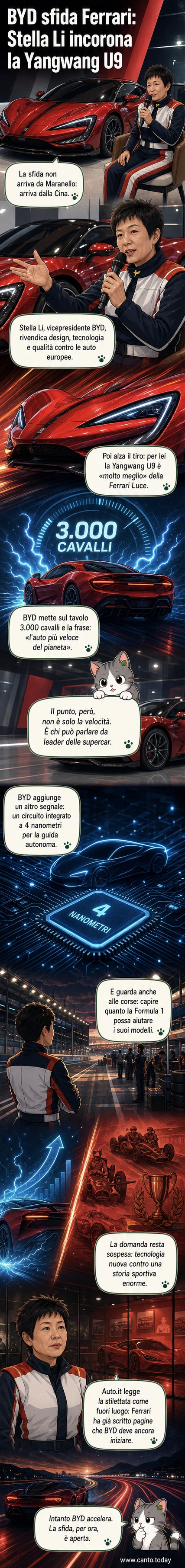 Illustrazione di una supercar elettrica cinese Yangwang U9 affianco a una Ferrari Luce, con grafici di prestazioni e loghi delle aziende in sfondo.