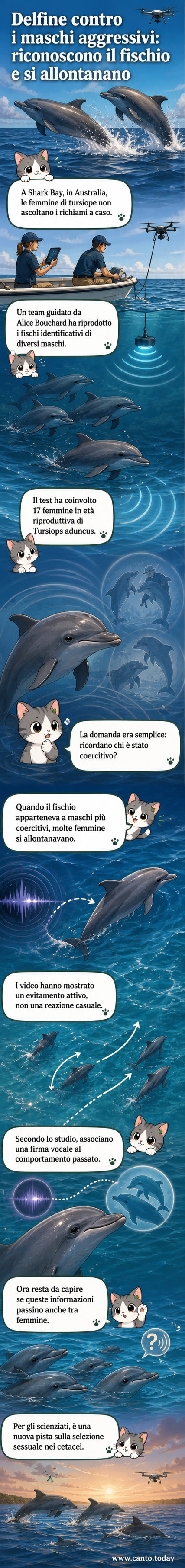 Illustrazione di un delfino femmina che si allontana da un maschio, con simboli sonori nell'acqua che rappresentano i fischi vocali riconosciuti.