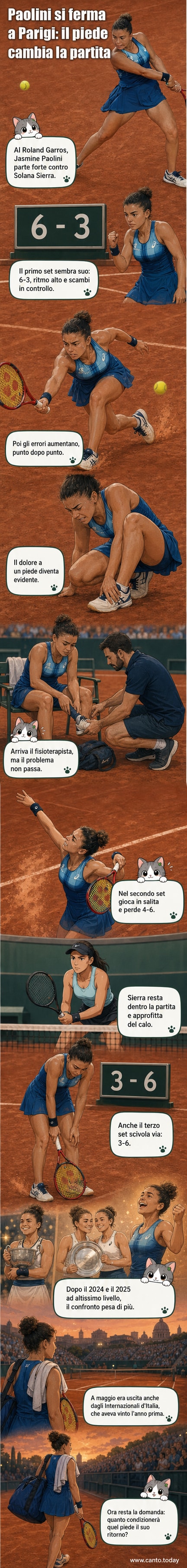 Jasmine Paolini in campo durante il Roland Garros 2026, visibilmente in difficoltà per un dolore al piede.
