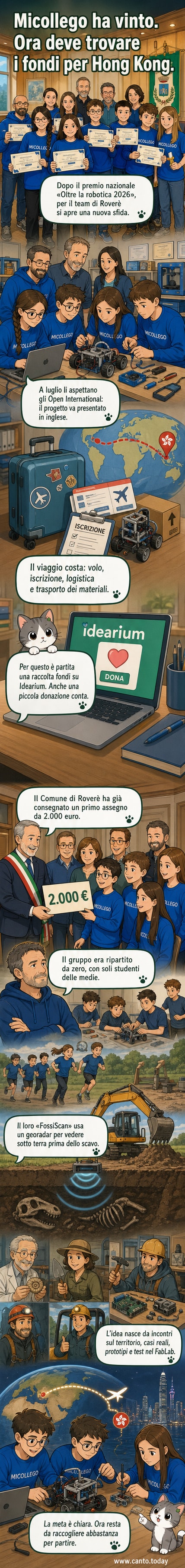 Un gruppo di studenti delle medie mostra il loro prototipo robotico FossiScan, un georadar per rilevare fossili durante gli scavi, in un laboratorio scolastico.