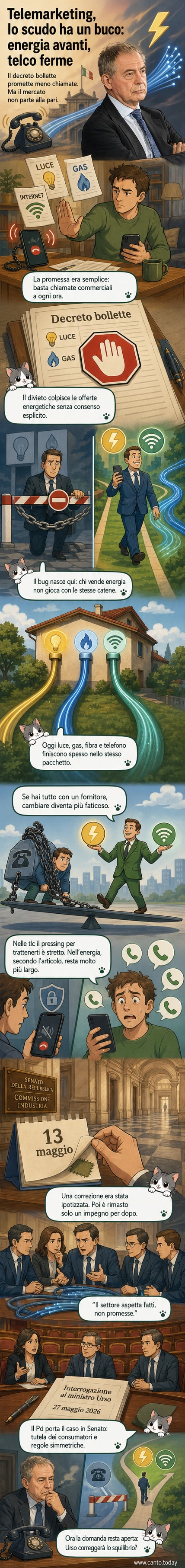 Un telefono che squilla ripetutamente con un simbolo di divieto sopra, mentre un'azienda energetica sorride e una telco guarda preoccupata.
