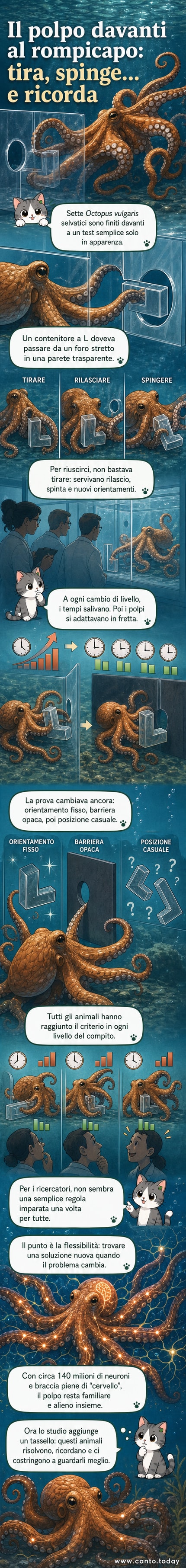 Un polpo che risolve un rompicapo meccanico in un laboratorio, con un contenitore a forma di L da spostare attraverso un foro.