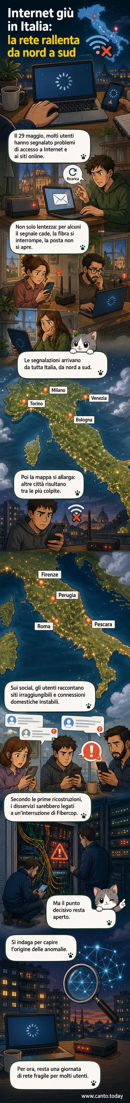 Illustrazione di una connessione internet interrotta con simboli di rete spenti e città italiane collegate da linee spezzate.