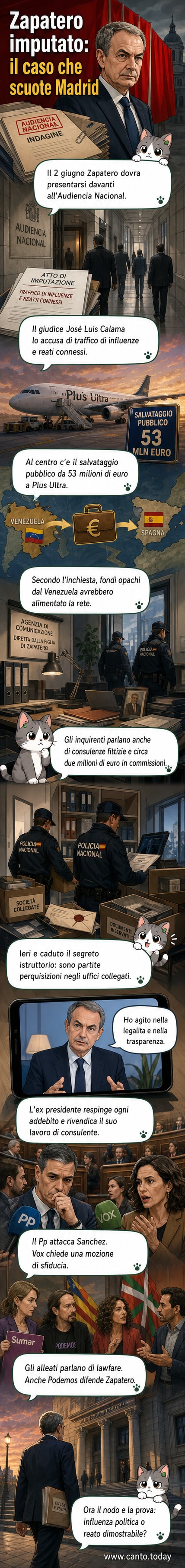 Illustrazione di José Luis Rodríguez Zapatero con documenti legali e simboli di aerei e denaro, in un contesto giudiziario spagnolo.