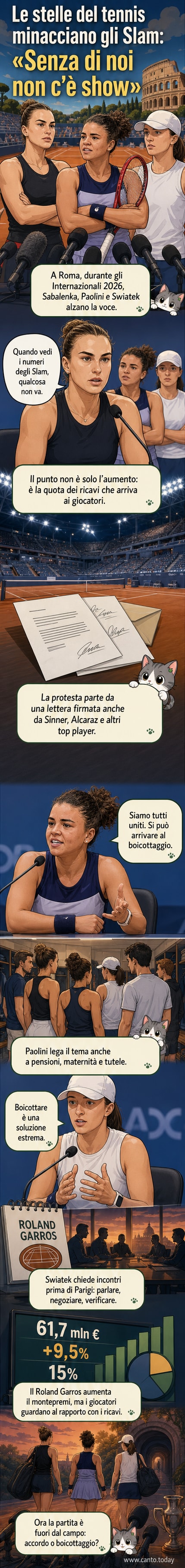 Illustrazione di tre tenniste in conferenza stampa, con microfoni davanti e uno sfondo di folla e campi da tennis. Una tiene un cartello con 'Più equità negli Slam'.