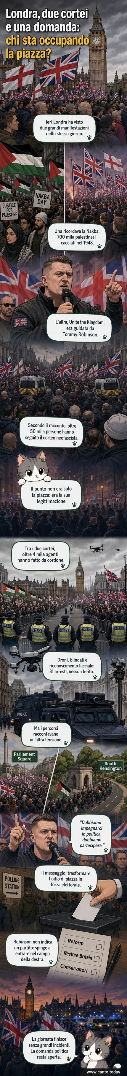 Grande corteo a Londra con bandiere britanniche e striscioni con la scritta 'Unite the Kingdom', mentre la polizia in tenuta antisommossa osserva da una posizione elevata.