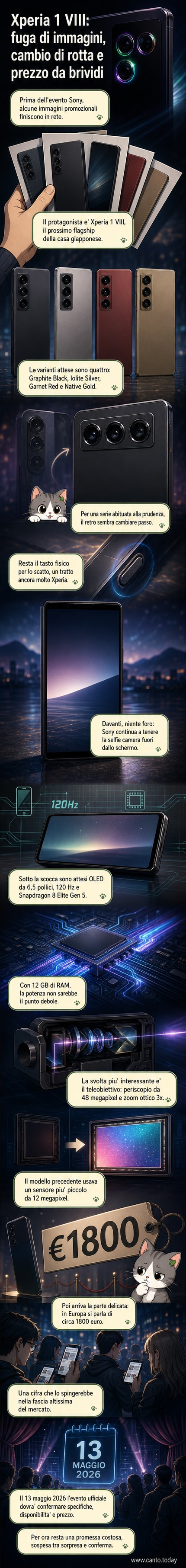 Render promozionali del Sony Xperia 1 VIII mostrano il design frontale e posteriore con modulo fotografico rinnovato e quattro colorazioni: nero, argento, rosso e oro.