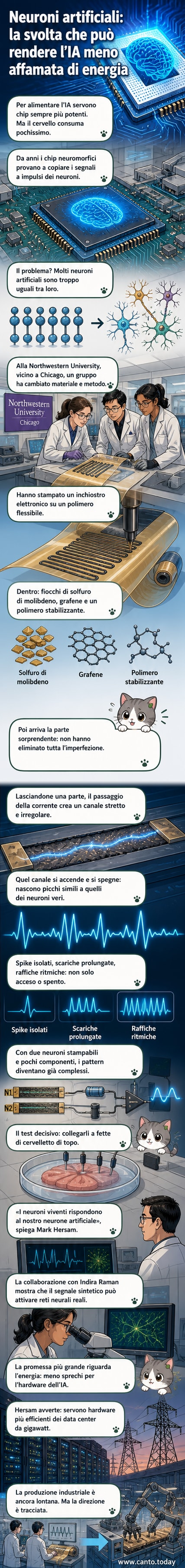 Illustrazione di un neurone artificiale stampato su materiale flessibile che emette impulsi elettrici simili a quelli di un neurone biologico, con collegamento a una rete neurale vivente.