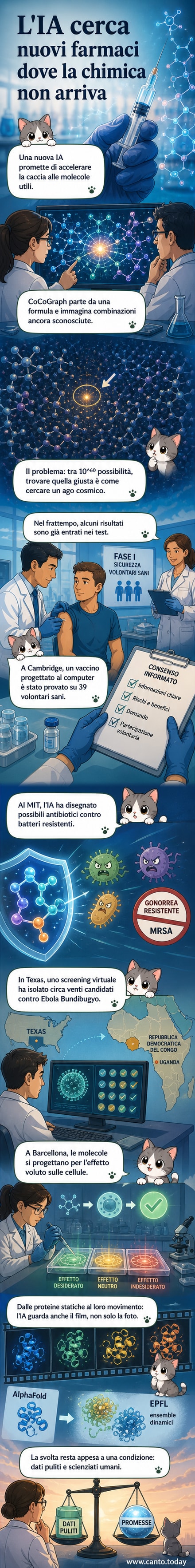 Un ricercatore osserva su un monitor una molecola generata da intelligenza artificiale, con atomi colorati che si assemblano in tempo reale. In background, schemi di proteine in movimento e batteri resistenti.