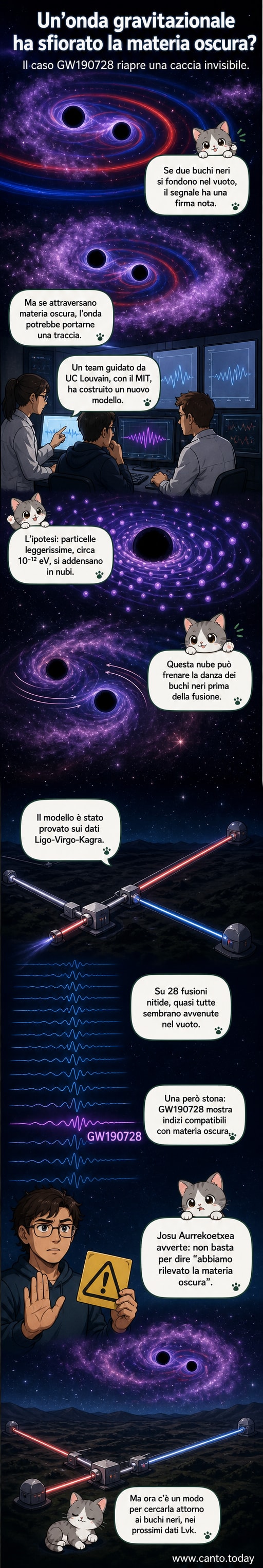 Animazione schematica di due buchi neri in spirale che generano onde gravitazionali (blu e rosso) mentre sono circondati da una nube di materia oscura (viola chiaro) che modifica il loro moto.