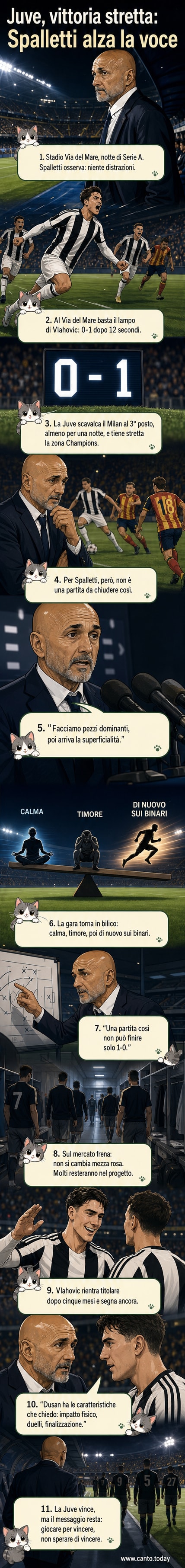 Luciano Spalletti parla in conferenza stampa dopo la vittoria della Juventus contro il Lecce, con espressione severa.