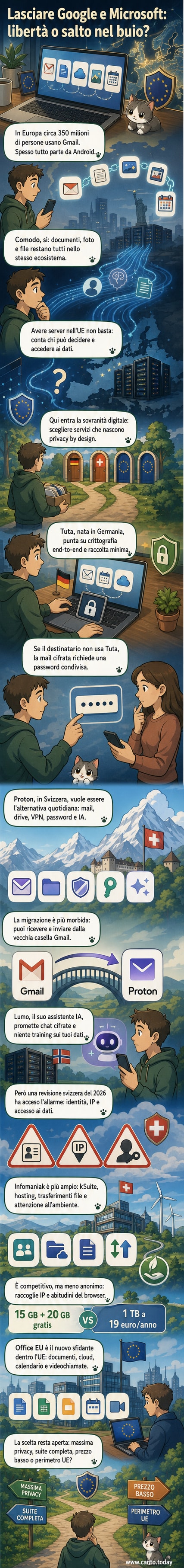 Illustrazione di un cloud digitale con bandiere europee, circondato da icone di email, calendario, documenti e lucchetto per la crittografia.