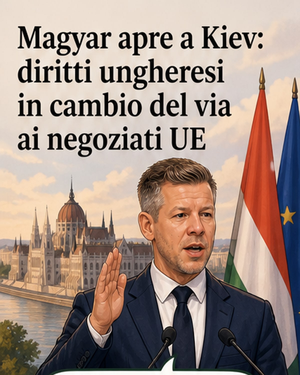 Illustrazione che mostra due leader che si stringono la mano davanti a una mappa dell'Europa, con simboli dei diritti linguistici e culturali che fluttuano tra loro.