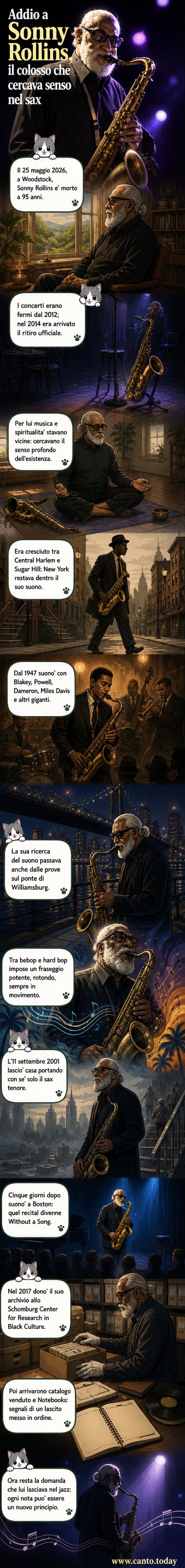 Illustrazione in stile webtoon di Sonny Rollins con il sax tenore, occhiali scuri e sguardo intenso, sullo sfondo un palcoscenico vuoto e una città notturna.