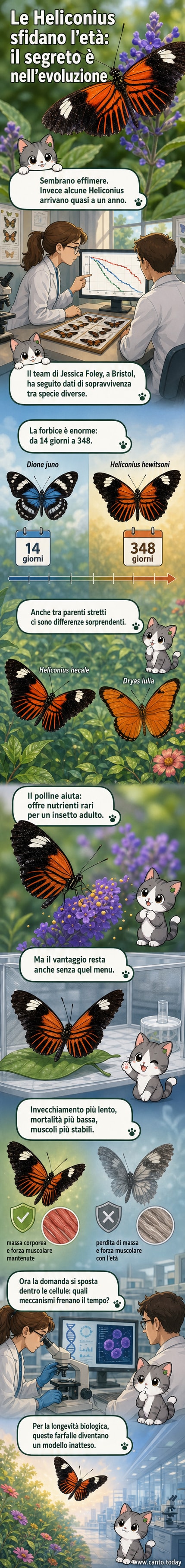 Illustrazione di una farfalla Heliconius posata su un fiore, con dettagli scientifici sulle sue cellule e il ciclo vitale.