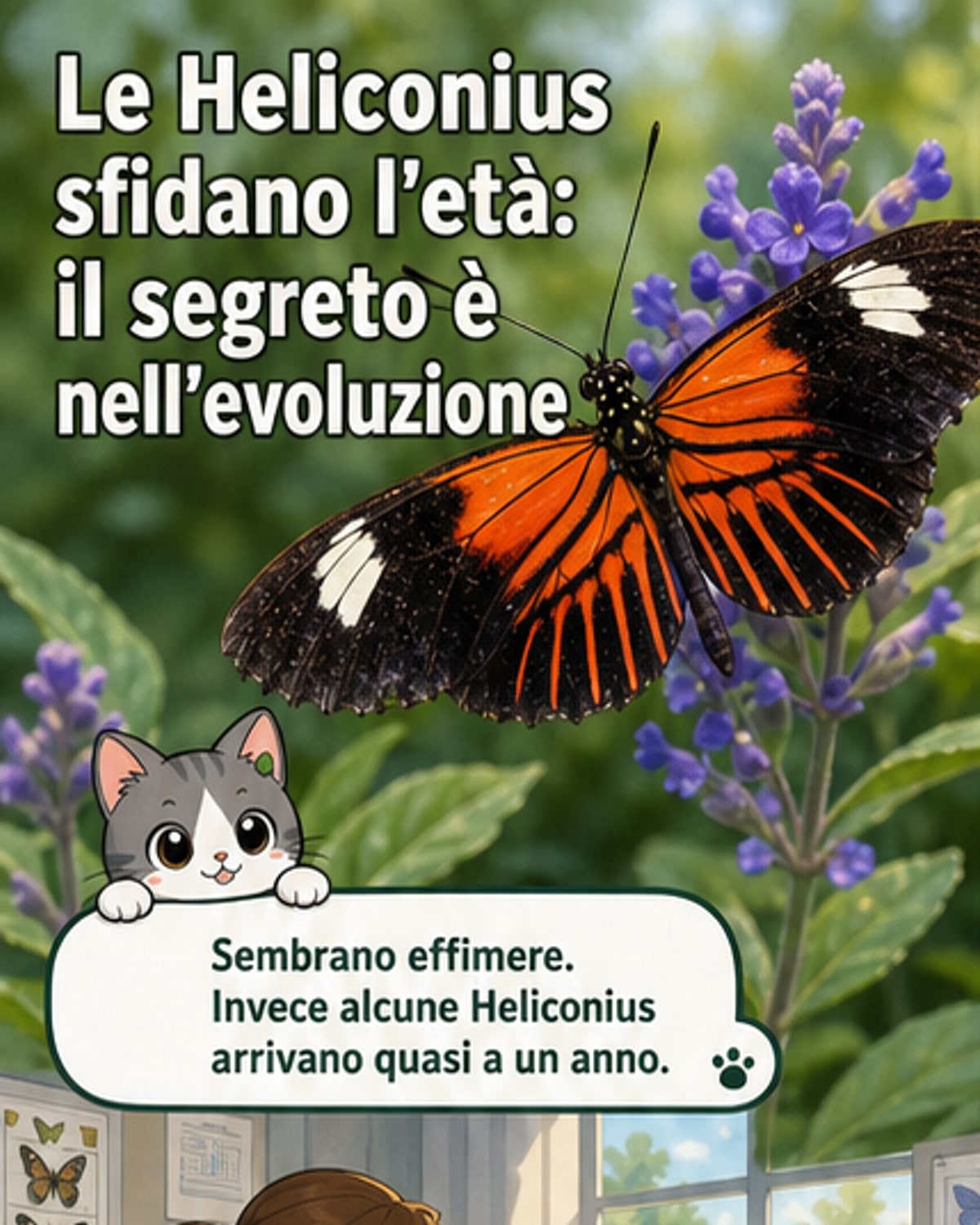 Illustrazione di una farfalla Heliconius posata su un fiore, con dettagli scientifici sulle sue cellule e il ciclo vitale.