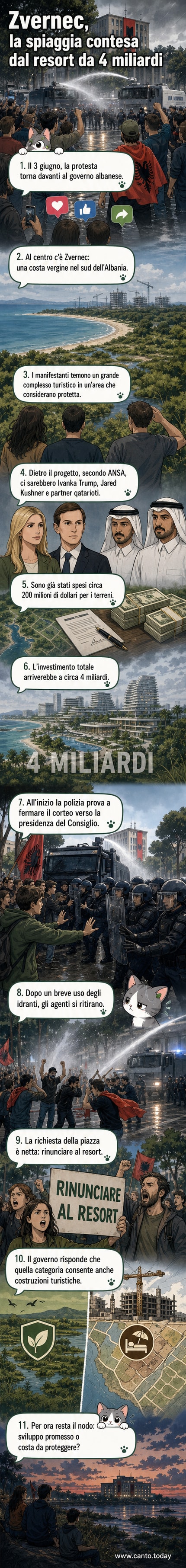 Folla di manifestanti davanti al palazzo del governo in Albania, con striscioni contro il resort di Kushner a Zvernec.