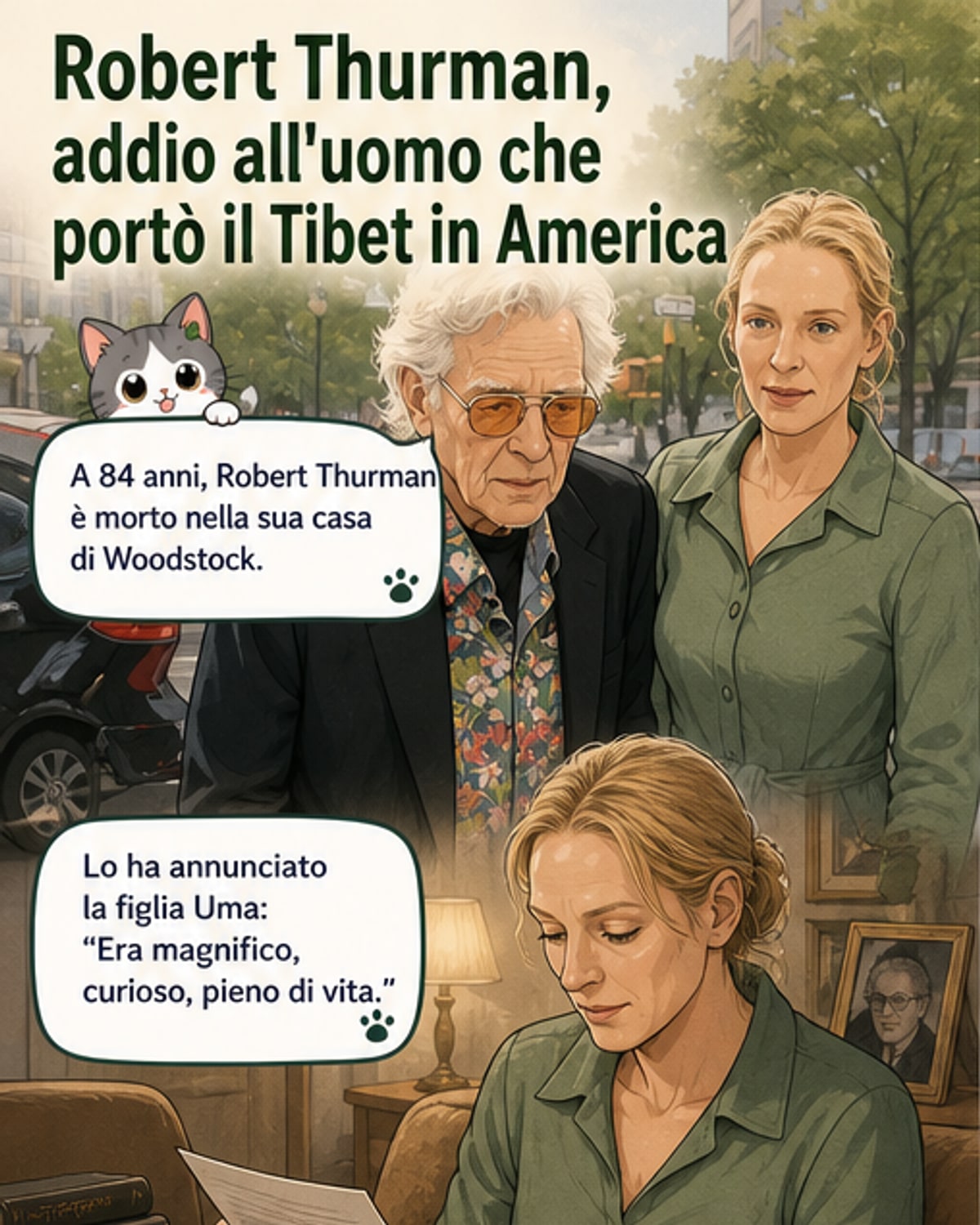 Illustrazione di Robert Thurman, studioso del buddismo tibetano e padre di Uma Thurman, con sfondi che richiamano il Tibet e la cultura occidentale.