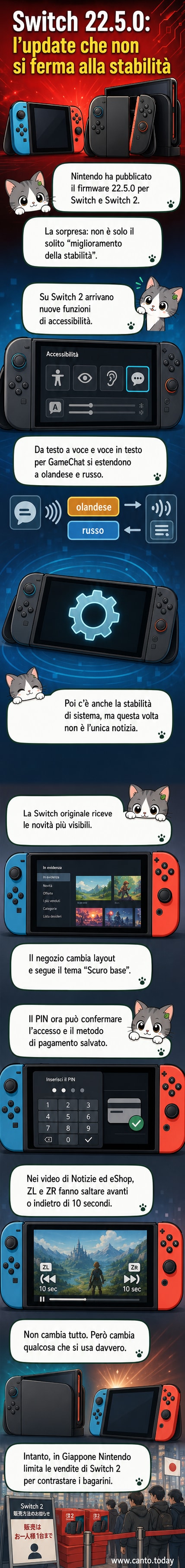 Due Nintendo Switch fiancate, una con interfaccia aggiornata e icone di accessibilità, l'altra con schermo eShop in tema scuro