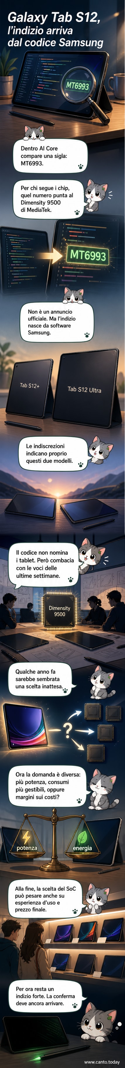 Illustrazione di un tablet Samsung Galaxy Tab S12 con circuiti e chip visibili all'interno, evidenziando il processore Dimensity 9500 di MediaTek.
