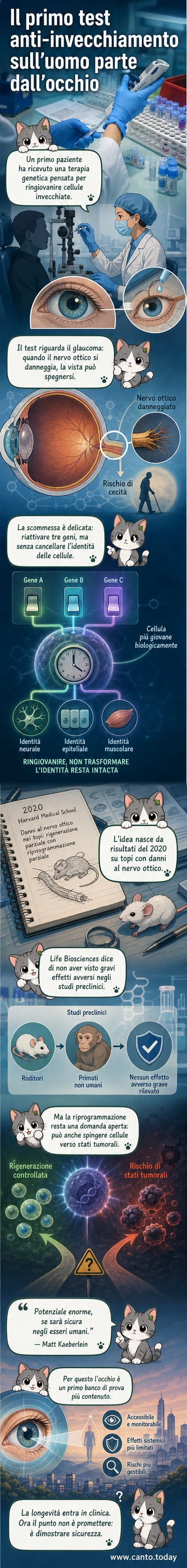 Illustrazione di una cellula che torna a uno stato più giovane, con geni attivati e nervo ottico che si rigenera, in un contesto medico-scientifico.