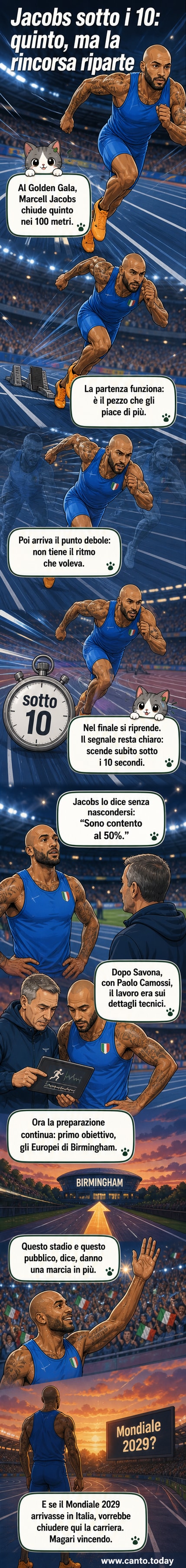 Marcell Jacobs in corsia durante la finale dei 100 metri del Golden Gala a Roma, con il tempo finale di 9,98 secondi mostrato sul display.