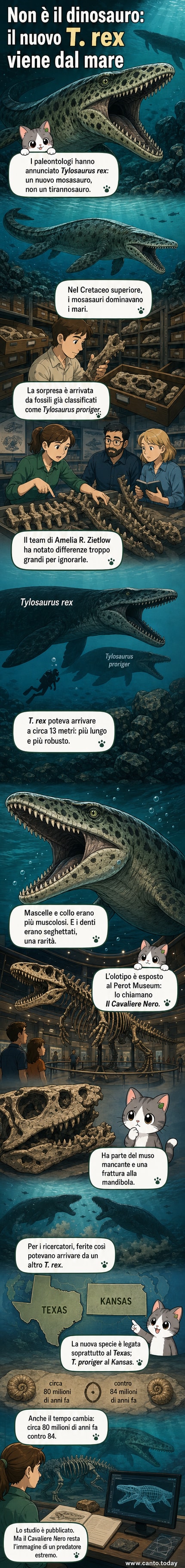 Ricostruzione artistica del Tylosaurus rex, un enorme mosasauro con denti affilati, nuota in un antico mare del Cretaceo.