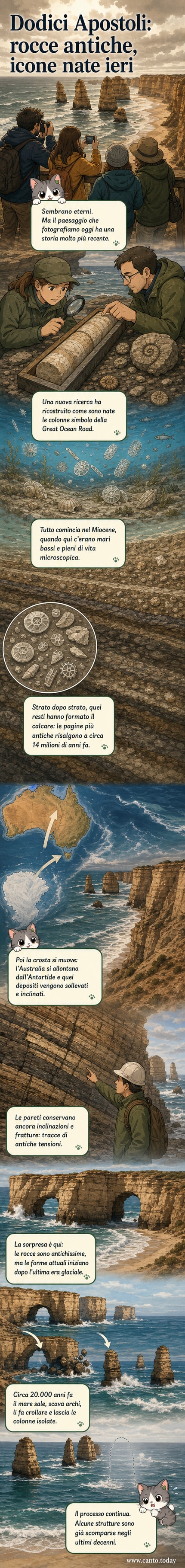 Illustrazione delle Dodici colonne di calcare dei Dodici Apostoli che si ergono dall'Oceano Australe, con sezioni geologiche che mostrano strati antichi e il processo di erosione costiera.