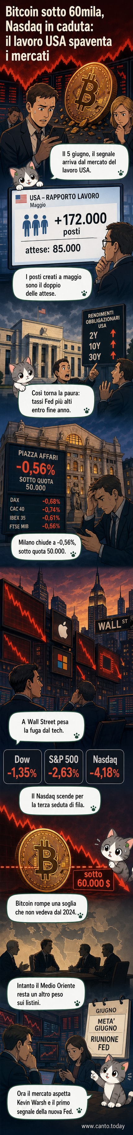 Grafico dei mercati azionari in calo con Nasdaq, S&P 500 e Dow Jones in rosso, mentre un termometro dei tassi mostra un aumento verso destra.