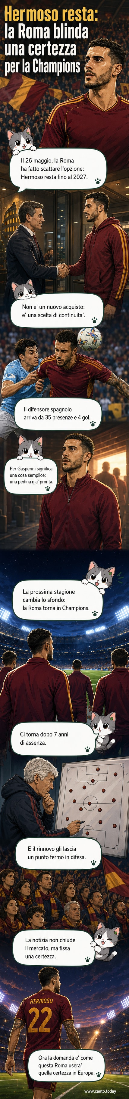 Illustrazione di Mario Hermoso in maglia giallorossa della Roma, con lo stadio Olimpico sullo sfondo e la scritta 'Fino al 2027'.