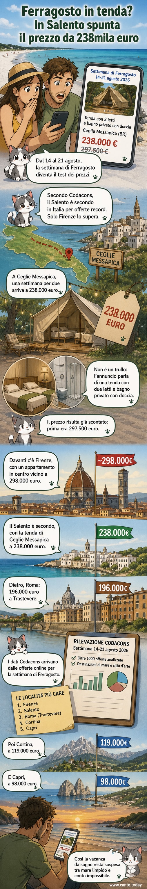 Illustrazione di una tenda da campeggio in riva al mare con un cartello dei prezzi che indica 238.000 euro, sotto un cielo estivo del Salento.
