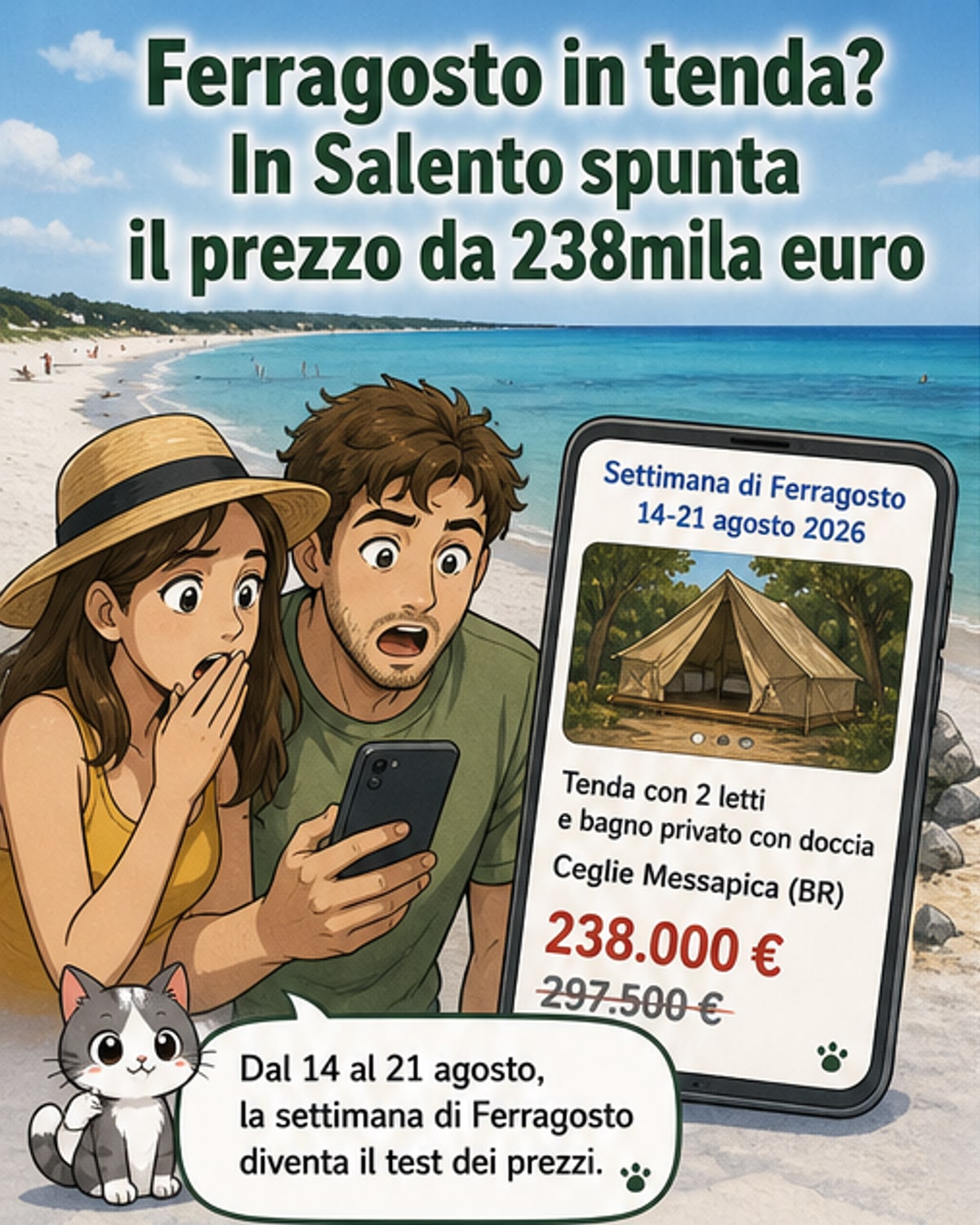 Illustrazione di una tenda da campeggio in riva al mare con un cartello dei prezzi che indica 238.000 euro, sotto un cielo estivo del Salento.