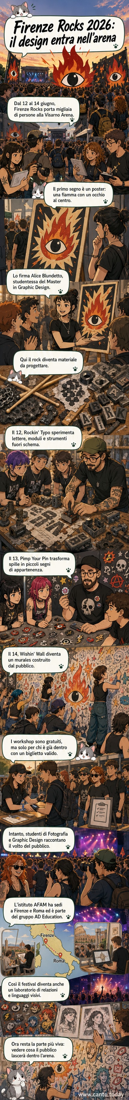 Illustrazione di un occhio al centro di una fiamma stilizzata, simbolo del poster ufficiale di Firenze Rocks 2026 creato da una studentessa di Accademia Italiana.